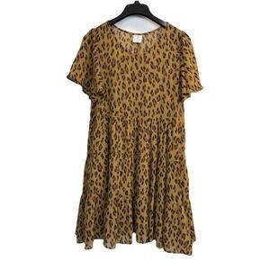 By Together‎ Leopard Dress Womens Size Medium Layered Chiffon Lined Short Sleeve